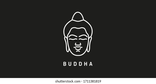Buddha head logo isolated on black background, linear emblem for yoga and meditation studio.