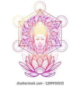 Buddha head in a lotus flower frame. Hexagram representing anahata chakra in yoga on a background. Intricate hand drawing isolated on white background. Tattoo design. EPS10 vector