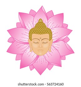 Buddha Head and Lotus isolated on white background. Sign for tattoo, textile print, mascots and amulets. Colorful textile print.