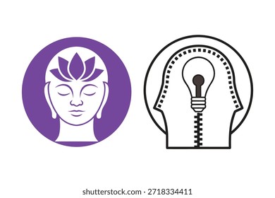 Cabeza de Buda con ideas de loto y bombilla en el concepto de espiritualidad e inspiración de perfil