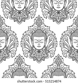 Buddha head with Lotus seamless pattern. Spiritual wallpaper. Black and white coloring page