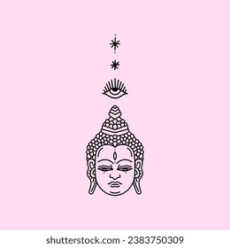 Buddha head minimalist logo or label art, line stylish Illustration, unique Bali print for yoga posters, cards, mugs, tattoos, clothes and other. Vector and jpg image, isolated clipart.