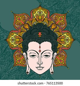 Buddha head on beautiful and magical round pattern, can be used as greeting card for buddha birthday, vector illustration 