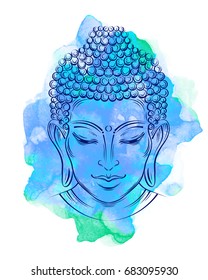 Buddha head on a blue watercolor background - elegant vector illustration. The symbol of Hinduism, Buddhism, spirituality and enlightenment. 