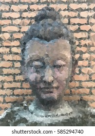 Buddha head on brick wall background, low poly art