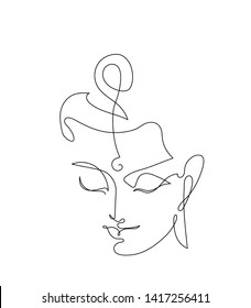 Buddha Head - One Line Drawings. The Symbol Of Hinduism, Buddhism, Spirituality And Enlightenment. Tattoo, Illustration, Printing On Fabric