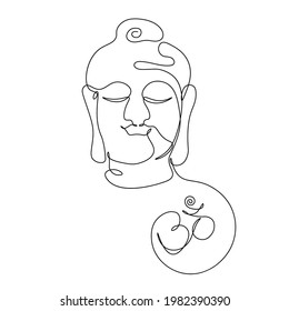 Buddha head - One Line Drawings. The symbol of Hinduism, Buddhism, spirituality and enlightenment. Drawing with a single line, printing on fabric.