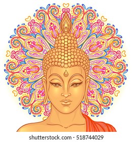 Buddha head over ornate mandala round pattern. Vector illustration. Vintage decorative composition. Indian, Buddhism, Spiritual motifs. Tattoo, yoga, spirituality.  Vintage decorative composition.