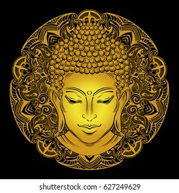 Buddha head with paisley ornament, mehendi. The symbol of Hinduism, Buddhism, spirituality and enlightenment. Tattoo, illustration, printing on fabric.  Buddha Purnima Background