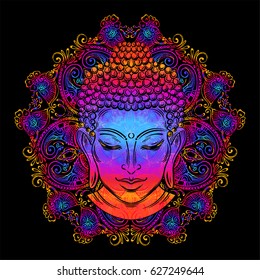 Buddha head with paisley ornament, mehendi. The symbol of Hinduism, Buddhism, spirituality and enlightenment. Tattoo, illustration, printing on fabric. Buddha Purnima Background