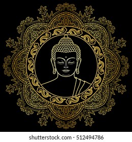 Buddha head with round mandala decoration. Gold sign for textile print, mascots and amulets.