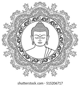Buddha head with round mandala decoration. Sign for tattoo, textile print, mascots and amulets. Black and white coloring page