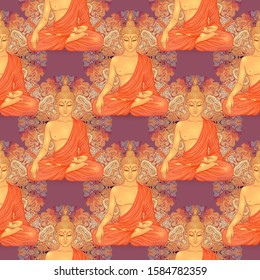 Buddha head seamless pattern. Vintage decorative composition. Indian, Buddhism, Spiritual esoteric motifs.  tattoo, yoga, spirituality. Vector illustration.