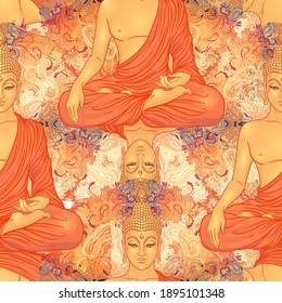 Buddha head seamless pattern. Vintage decorative composition. Indian, Buddhism, Spiritual esoteric motifs.  tattoo, yoga, spirituality. Vector illustration.