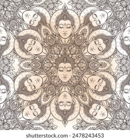 Buddha head seamless pattern. Vintage decorative composition. Indian, Buddhism, Spiritual esoteric , yoga, spirituality. Vector illustration.