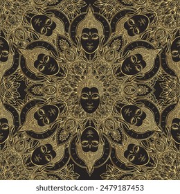 Buddha head seamless pattern. Vintage decorative composition. Indian, Buddhism, Spiritual esoteric , yoga, spirituality. Vector illustration.