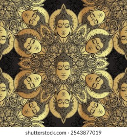 Buddha head seamless pattern. Vintage decorative composition. Indian, Buddhism, Spiritual esoteric , yoga, spirituality. Vector illustration.