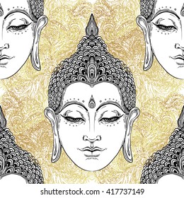 Buddha head seamless pattern. Vintage decorative composition. Indian, Buddhism, Spiritual esoteric motifs.  tattoo, yoga, spirituality. Vector illustration.