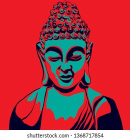 Buddha head silhouette  bold colour turquoise and coral hand drawing vector illustration