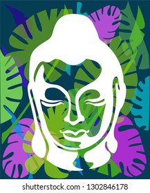 Buddha head silhouette, drawing vector, ohm sign. tropical vector illustration