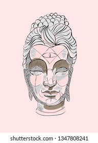 Buddha head silhouette, drawing vector, ohm sign