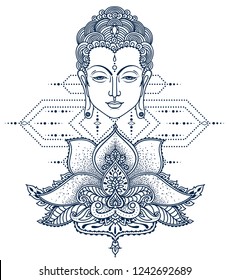 Buddha head and stylized lotus, can be used as greeting card for buddha birthday or as card for yoga and meditation, vector illustration 