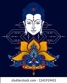 Buddha head and stylized lotus on deep blue background, can be used as greeting card for buddha birthday or as card for yoga and meditation, vector illustration 