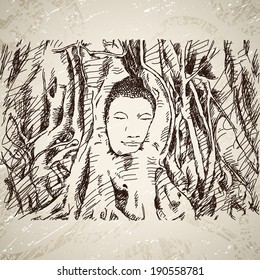 Buddha head in tree roots in Ayutthaya, Thailand. Hand drawn illustration