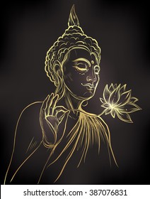 Buddha holding Lotus flower. Gold vector illustration isolated on black. Sketchy style,hand drawn. Vintage drawing. Indian, Buddhism, Spiritual motifs. Tattoo, yoga, spirituality.