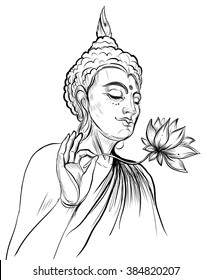 Buddha holding Lotus flower. Vector illustration isolated on white. Sketchy style,hand drawn. Vintage drawing. Indian, Buddhism, Spiritual motifs. Tattoo, yoga, spirituality.