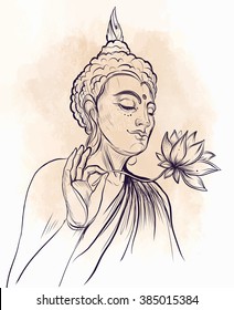 Buddha holding Lotus flower  Vector illustration over beige retro background  Sketchy style  hand drawn  Vintage drawing  Indian  Buddhism  Spiritual motifs  Tattoo  yoga  spirituality 