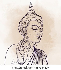 Buddha holding Lotus flower. Vector illustration over beige retro background. Sketchy style,hand drawn. Vintage drawing.  Indian, Buddhism, Spiritual motifs. Tattoo, yoga, spirituality.