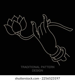 Buddha holding lotus with two fingers.beautiful hands. Avalokitesvara or bergamot. Hindu motifs. Asian minimalist line vector illustration. Tattoo, yoga, spirituality, zen, meditation, ornament.