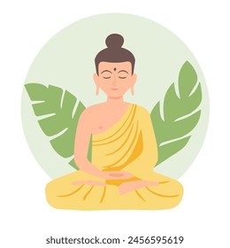 Buddha icon. A man in a yellow robe is engaged in spiritual practice.
Meditation and Zen in Buddhism. Asian Tibetan faith. Flat vector illustration.