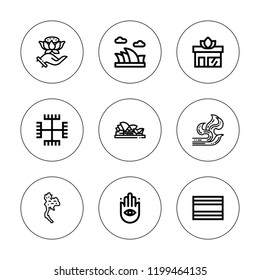 Buddha icon set. collection of 9 outline buddha icons with buddhism, gnosticism, opera house, thai, thailand icons. editable icons.