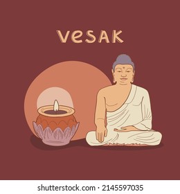 Buddha illustration hand drawn vector template. Candle light illuminates buddha figurine, home altar, greeting card for vesak holiday. Birthday festival postcard or invitation template. Happy waisak