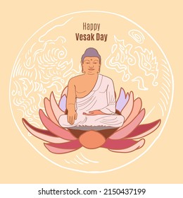 Plantilla vectorial dibujada a mano por ilustración de Buda. Afiche del Día de Vesak con loto y símbolo budista.