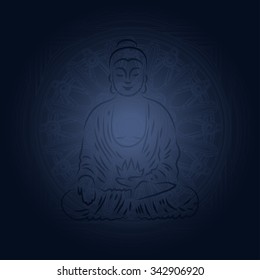 Buddha illustration in lotus pose on mandala. Blue Buddhism background. Vector.