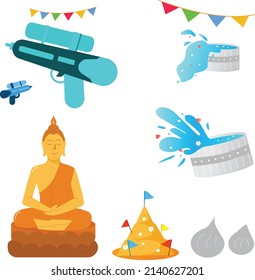 Buddha images, water cannons, water bowls, and sand mounds all appear in Songkran illustrations.