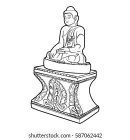 Buddha isolated on white. Esoteric vintage illustration. Indian, Buddhism, spiritual art. Hippie tattoo, spirituality, Thai god, yoga zen . Coloring book pages for adults.