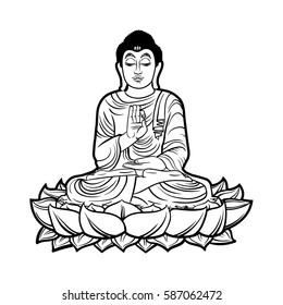Buddha isolated on white. Esoteric vintage illustration. Indian, Buddhism, spiritual art. Hippie tattoo, spirituality, Thai god, yoga zen . Coloring book pages for adults.