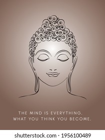 Buddha line art vector illustration with quote. Buddha's face artwork for Painting, Banner, Greeting card, T-shirt, Bag, Print, Poster.