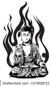 Buddha line drawing. Sketch of a sitting or meditating buddah statue.