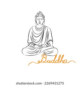 Dibujo de la línea de Buda. Esbozo de la estatua de Buda sentada o meditando. Ilustración vectorial del Buda aislado en blanco.