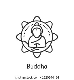 Buddha line icon. Hindu deity. Buddhism symbol. Happy Buddha Purnima. Meditating buddha. Vesak day. Indian culture, traditions and customs. Isolated vector illustration. Editable stroke 