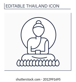 Buddha-Zeilensymbol. Buddha-Statuen in Klöstern. Stil der Skulptur für buddhistische Überzeugungen. thailändisches Konzept. Einzige Vektorgrafik. Bearbeitbarer Hub