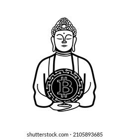 Diseño del logo de Buda en la mano Bitcoin. Ilustración del vector criptodivisa. Utilizado para logotipos, productos de impresión.