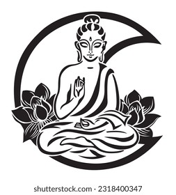 Buddha with lotus flowers and crescent moon. Vector illustration.