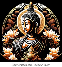 Buddha with lotus flowers and lotus. Vector illustration.