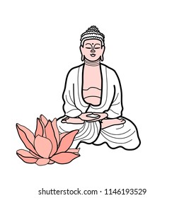 Buddha and lotus line drawing. Sketch of a sitting or meditating buddah statue.  Vector illustration of budha isolated on white.